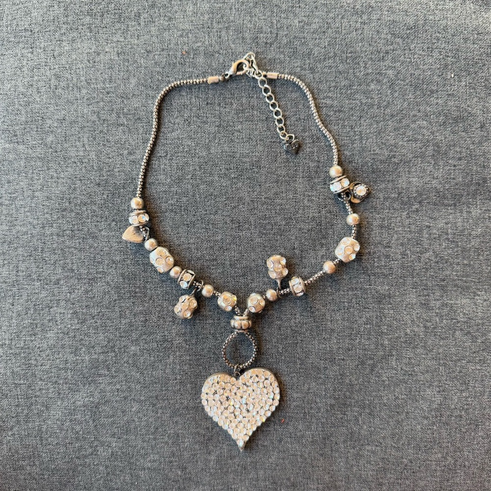 Vintage BLV Silver Necklace With Rhinestone Beads And Heart Pendant  14”